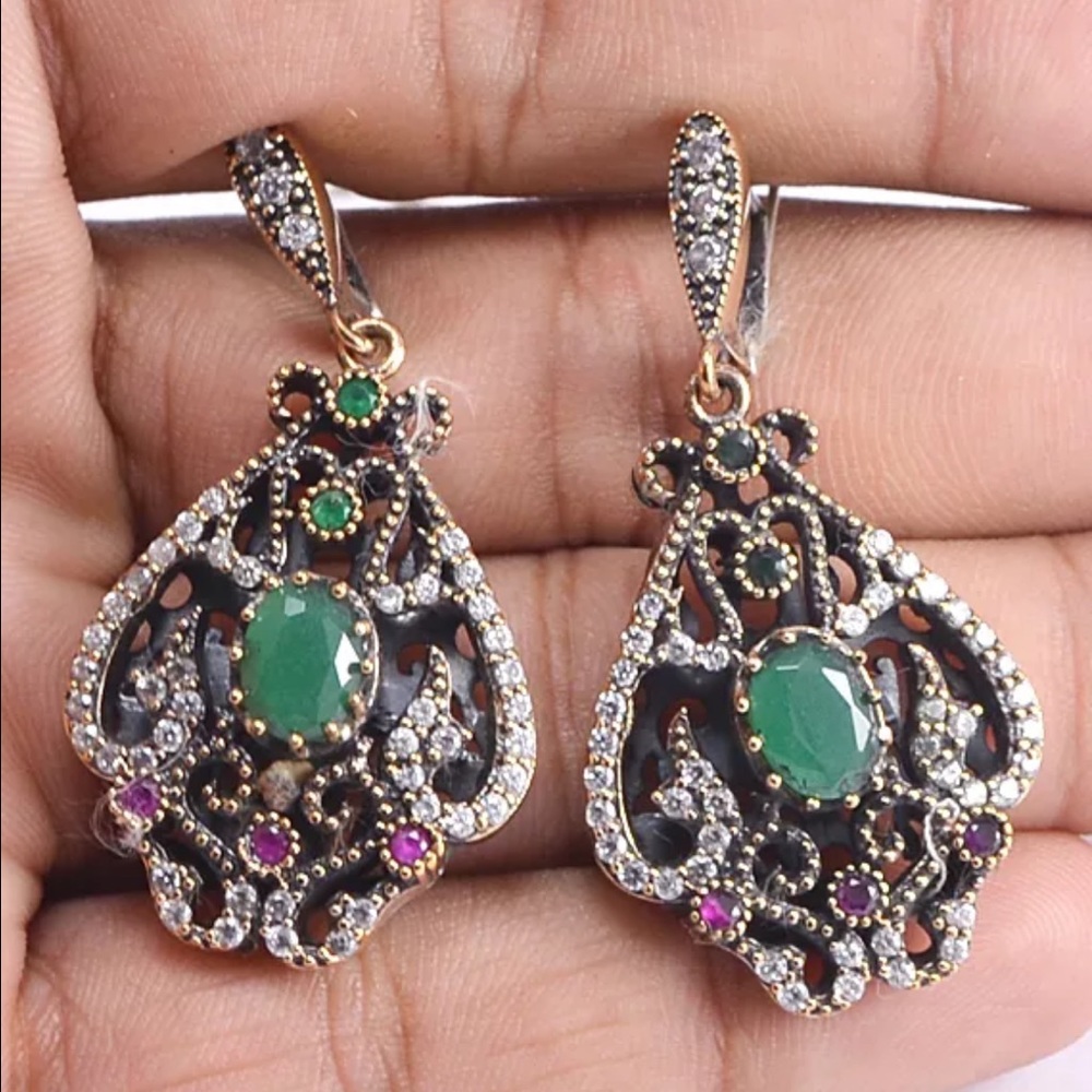 Turkish Emerald Ruby .925 Sterling Silver Earrings - image 1